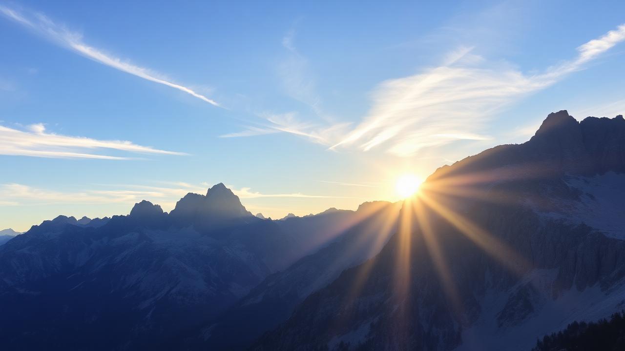 Summer sunrise over the Italian Dolomites mountains with clear blue sky