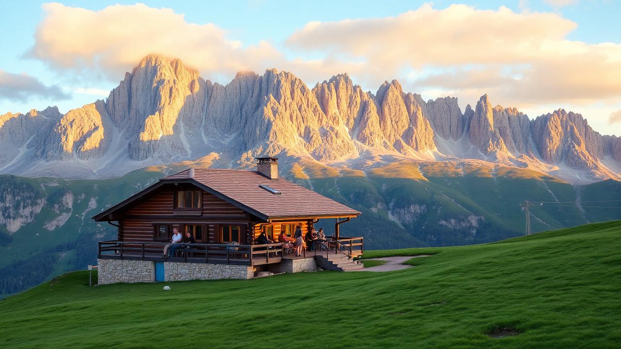 Cozy mountain rifugio in the Dolomites at sunset with warm lights glowing