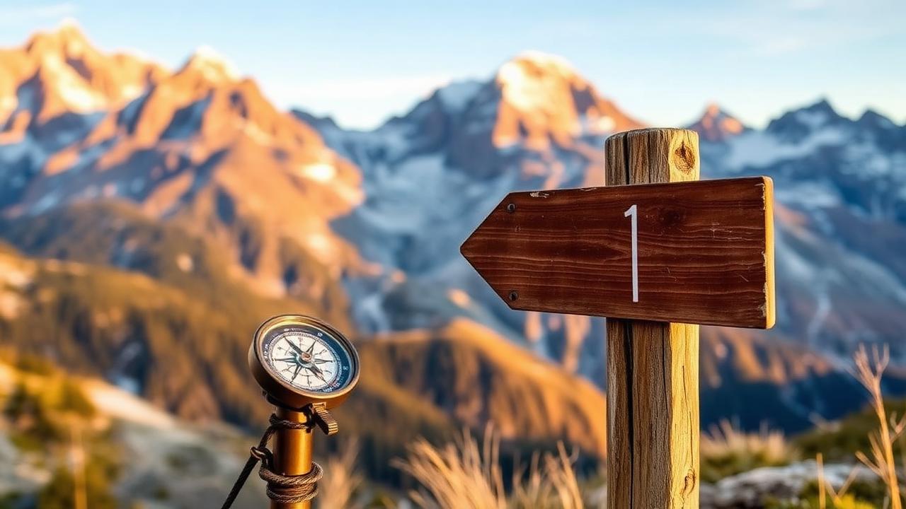 Trail signpost and compass in the Dolomites mountains at golden hour