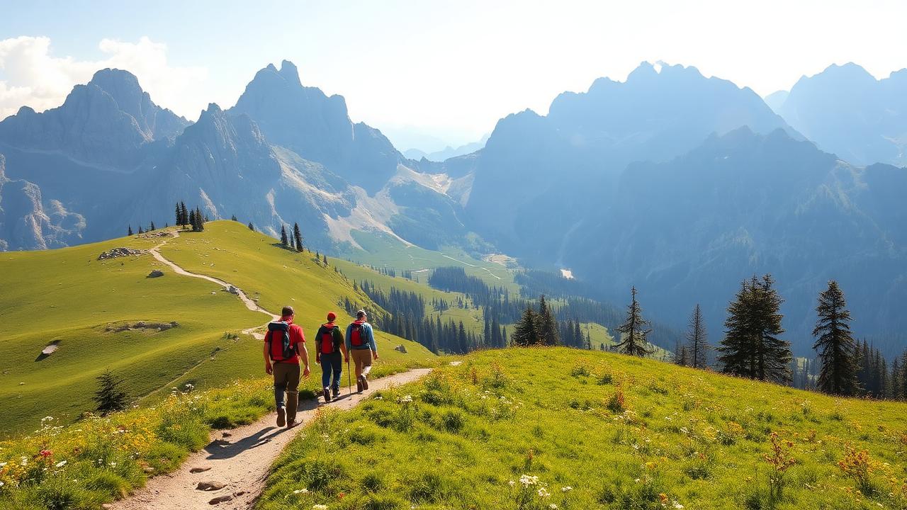 Hikers on the Alta Via 1 trail in the Italian Dolomites with dramatic limestone peaks