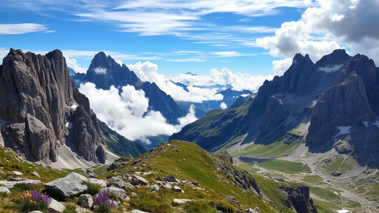 Panoramic view of the Italian Dolomites with rocky peaks, alpine meadows and wildflowers