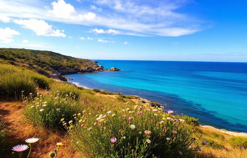 Wildflowers along the Menorca coastal path with turquoise sea in spring