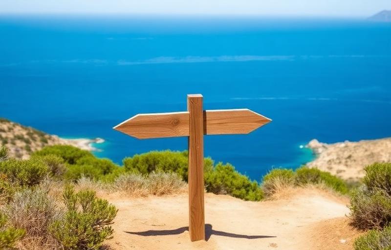Wooden signpost on a coastal hiking trail in Menorca pointing in two directions