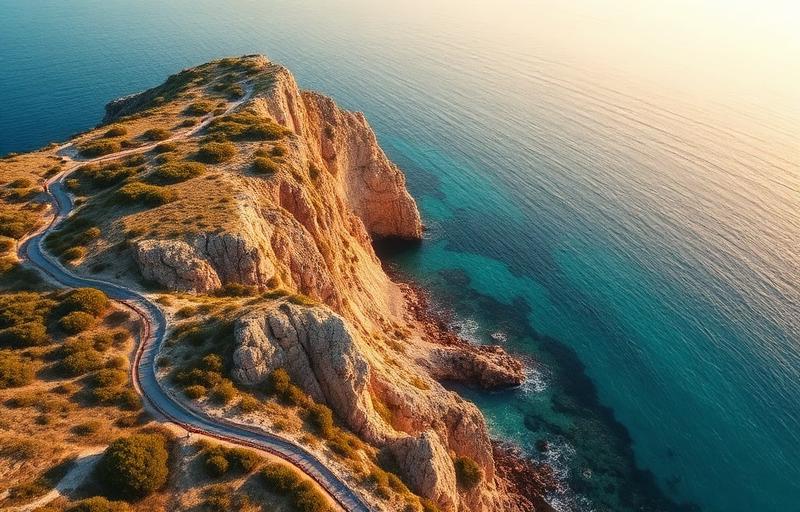 Aerial view of the Camí de Cavalls coastal trail winding along Menorca's cliffs