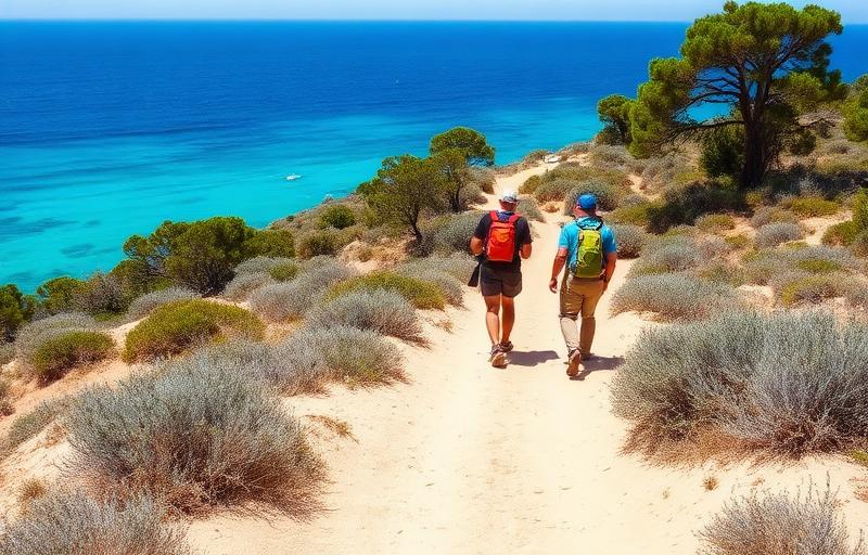 Hiker overlooking a turquoise cove on the Camí de Cavalls trail in Menorca