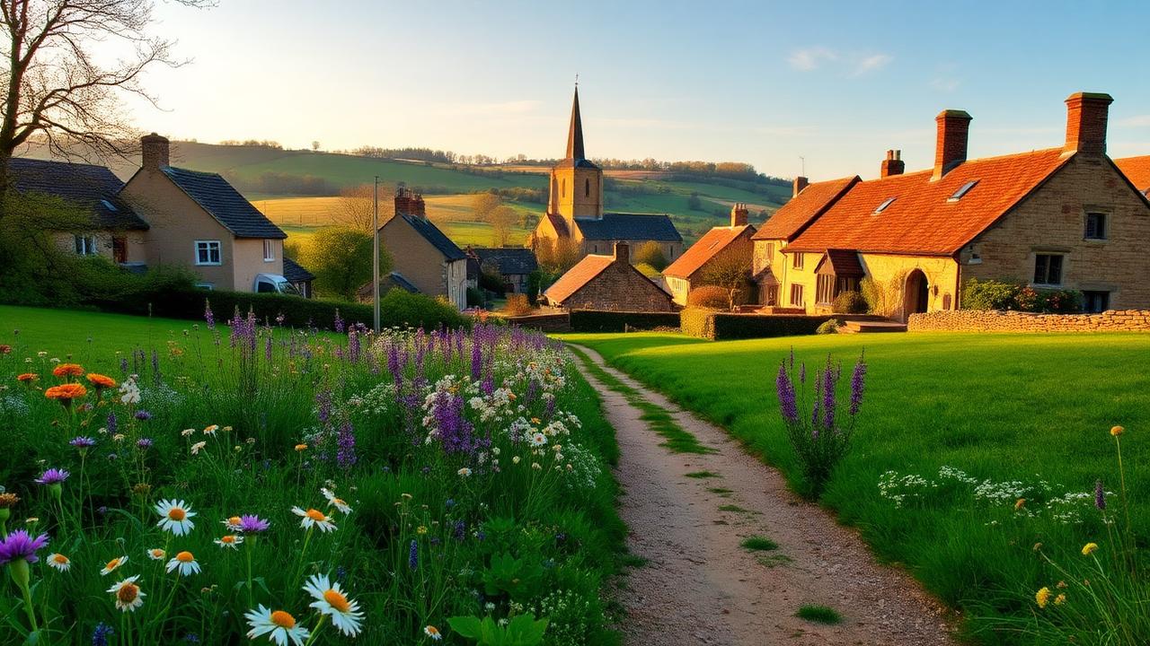 Cotswold village in spring with wildflowers, church spire and honey-stone cottages