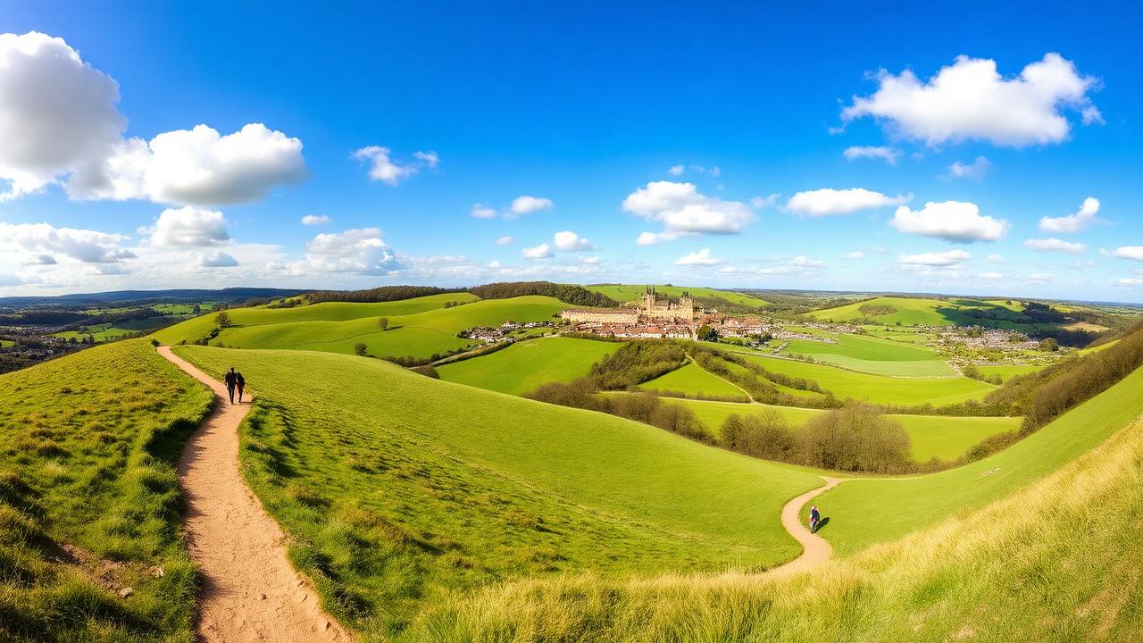 Walkers on the Cotswold Way trail with rolling green hills and village in the distance