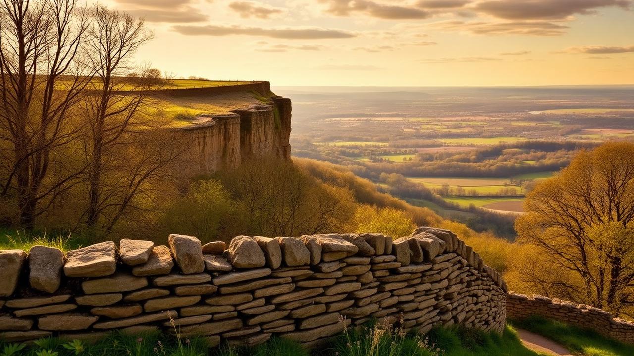 Cotswold escarpment viewpoint overlooking the Severn Vale with dry stone wall and woodland