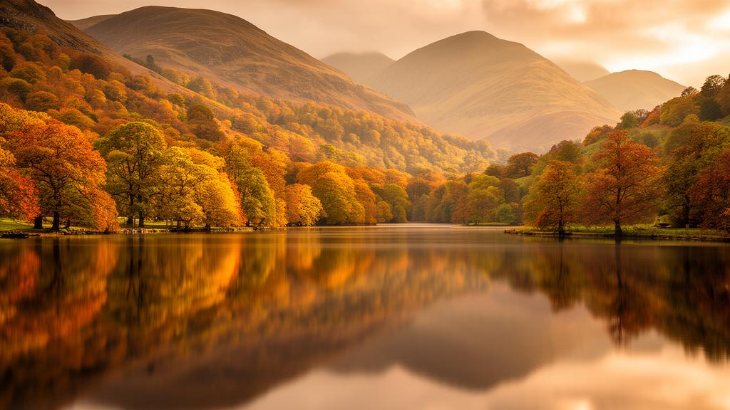 Autumn colours reflected in a Lake District lake surrounded by fells