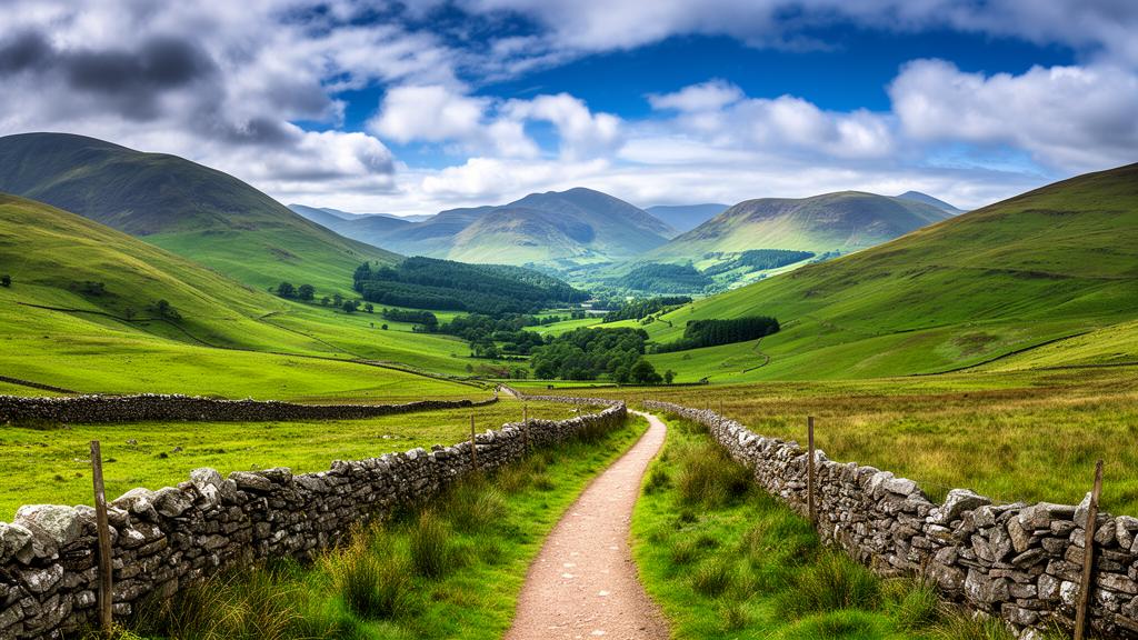 The Cumbria Way trail winding through green Lake District fells with drystone walls