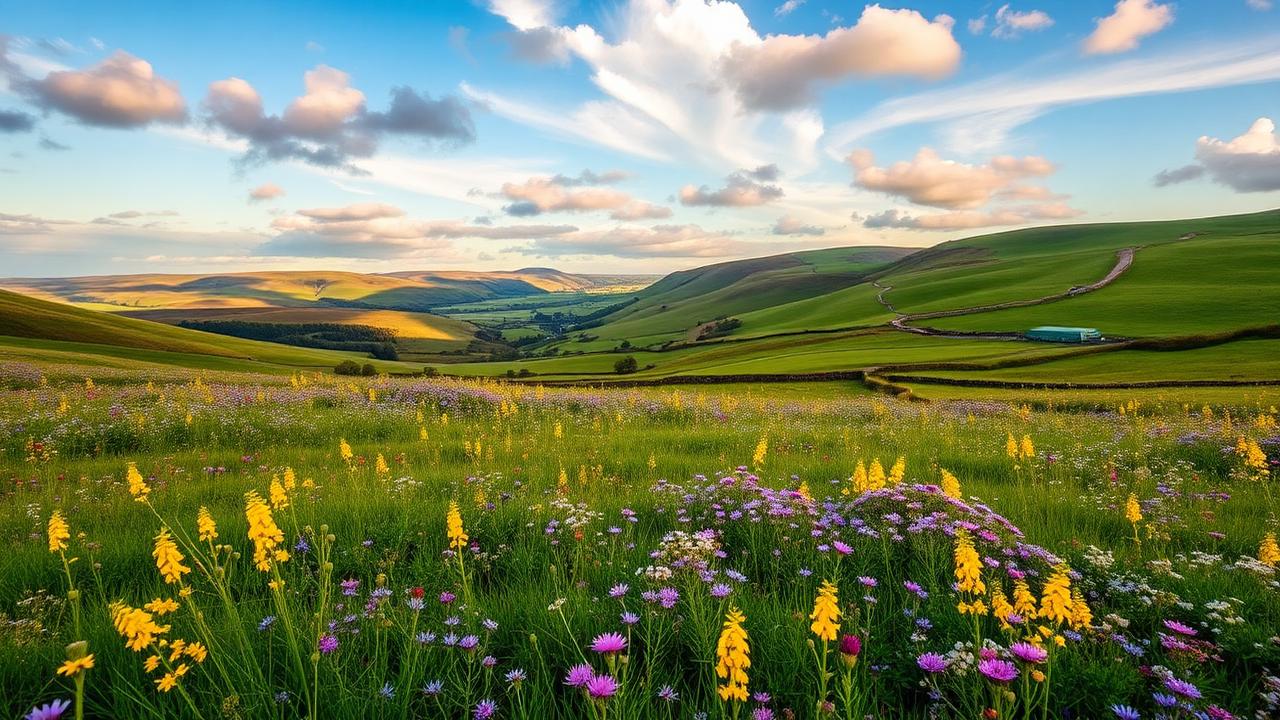 Yorkshire Dales wildflower meadows in spring with rolling hills and blue sky