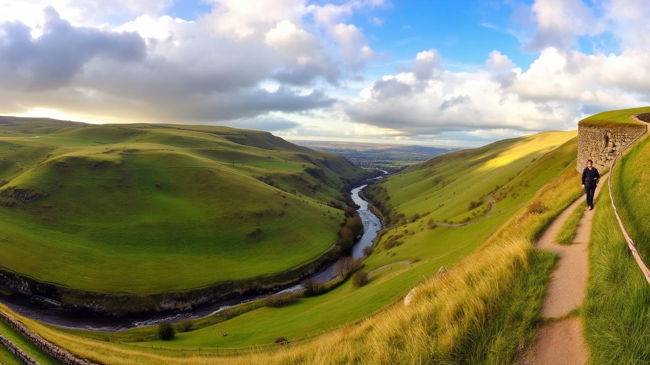 Panoramic view of the Dales Way walking trail through the Yorkshire Dales river valley