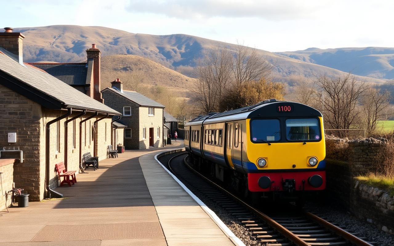 Rural train station in the Yorkshire Dales with hills in the background