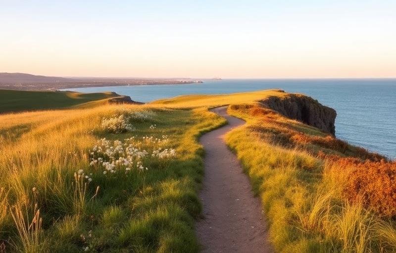 Spring wildflowers on clifftops along the Fife coast with golden sunset light