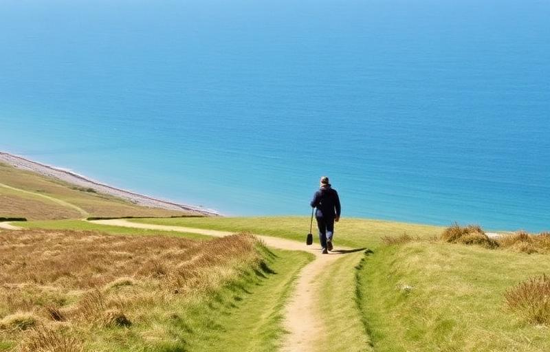 Hikers walking along dramatic coastal cliffs on the Fife Coastal Path