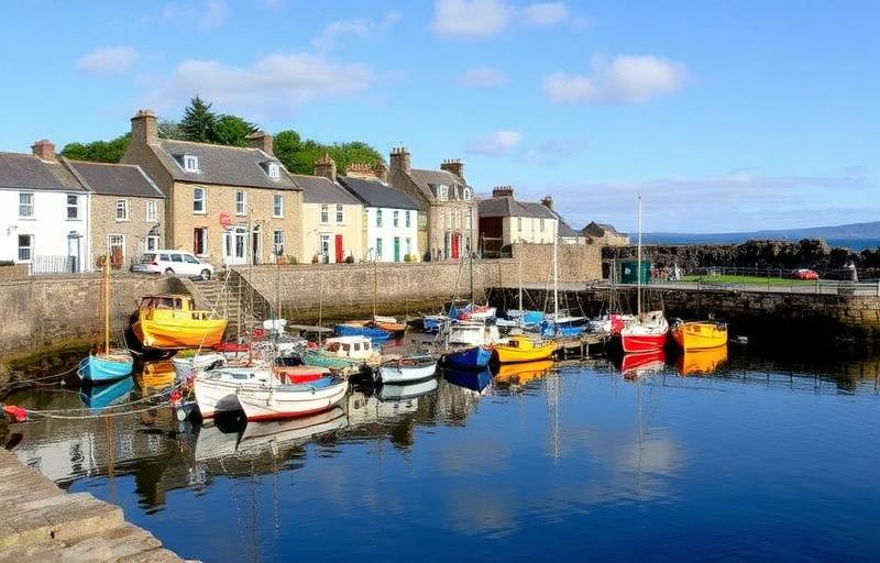 Colourful fishing boats in a picturesque East Neuk harbour on the Fife coast