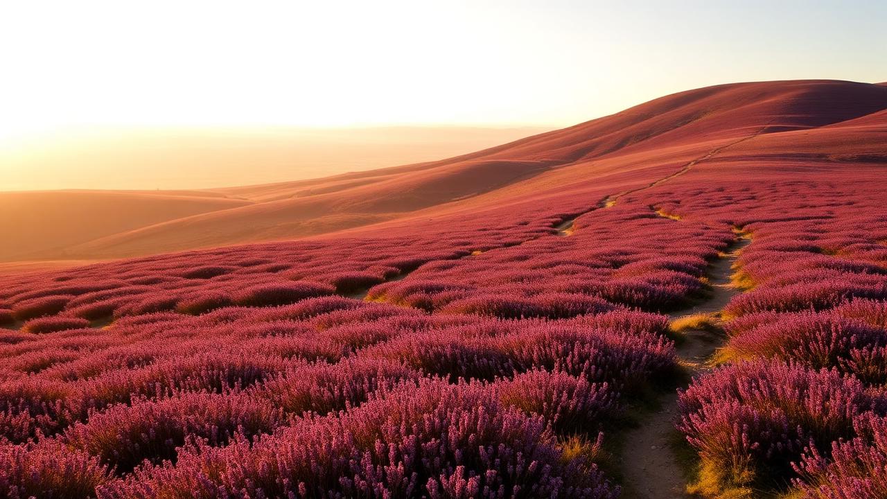 Purple heather moorland of the North York Moors at golden hour with a trail winding through