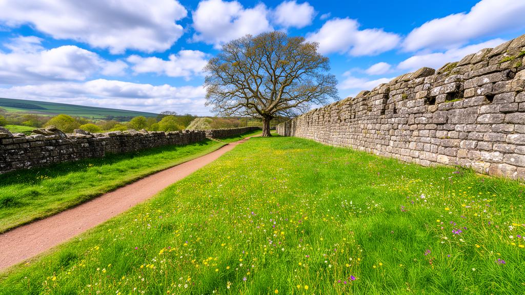 Hadrian's Wall Path in spring with wildflowers and blue sky