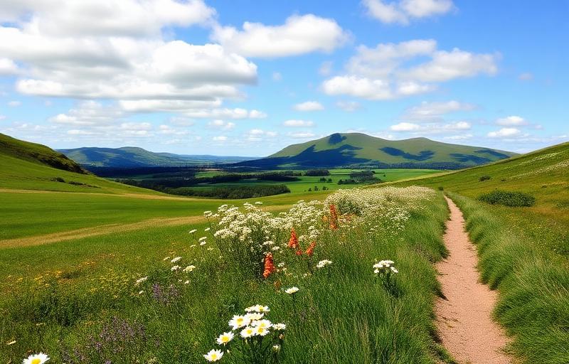 Scottish Borders countryside in spring with wildflowers and Eildon Hills in background