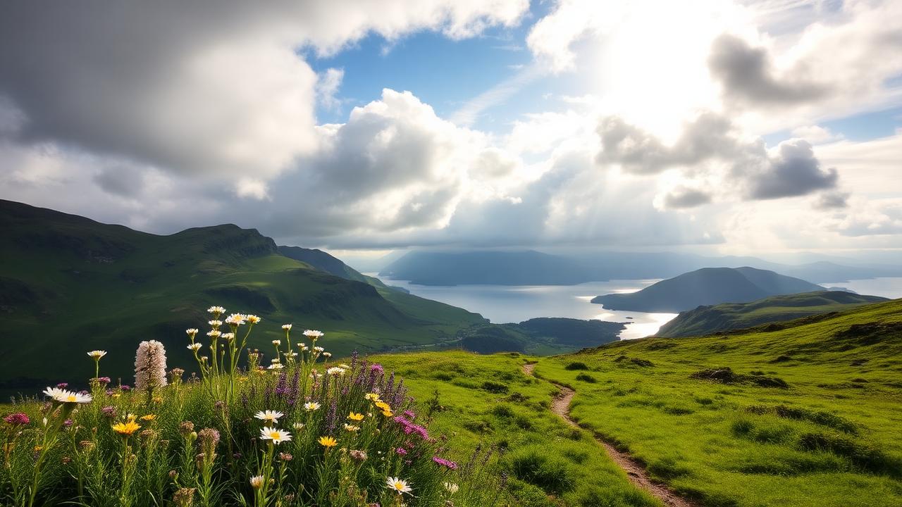 Scottish Highlands in spring with wildflowers along a walking trail near Loch Ness