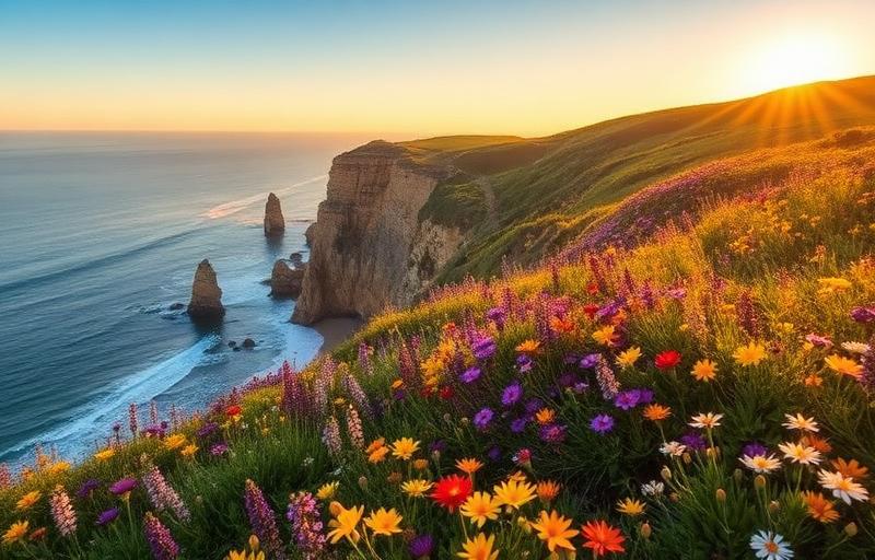 Spring wildflowers blooming on coastal clifftops overlooking the Atlantic ocean