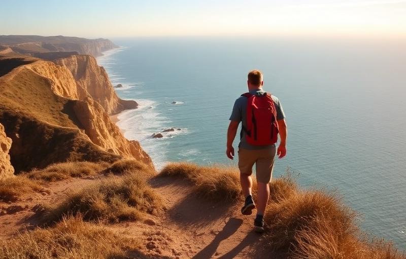Hiker walking south along the Fisherman's Trail clifftop path with Atlantic views