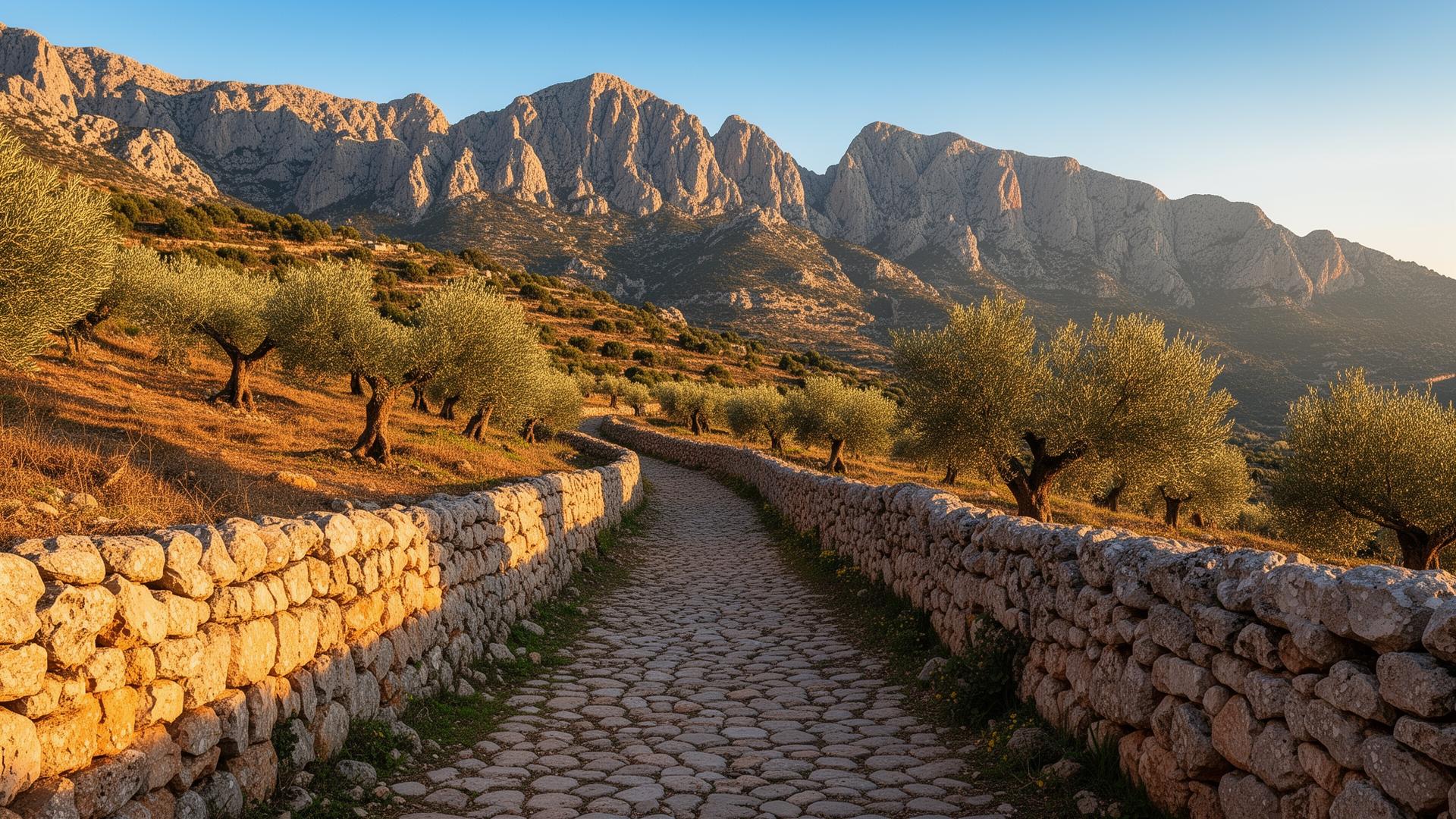 Hikers on the GR221 dry stone route above the Mediterranean coast of Mallorca
