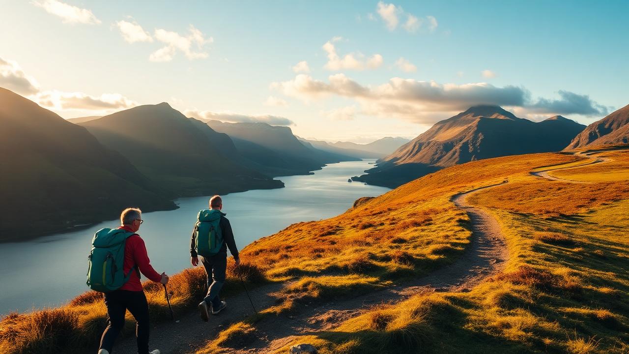 Hikers walking along the Great Glen Way with views of Loch Ness and the Scottish Highlands