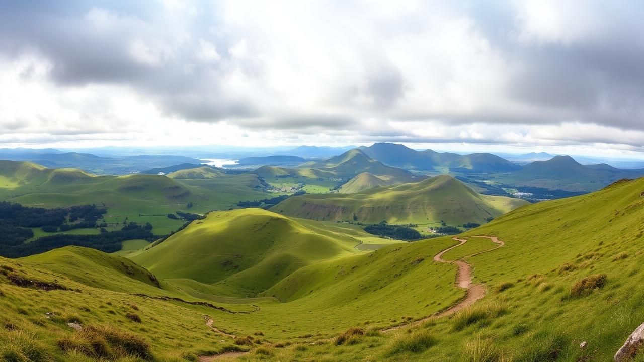 Panoramic view of the Coast to Coast trail winding through green Lake District fells
