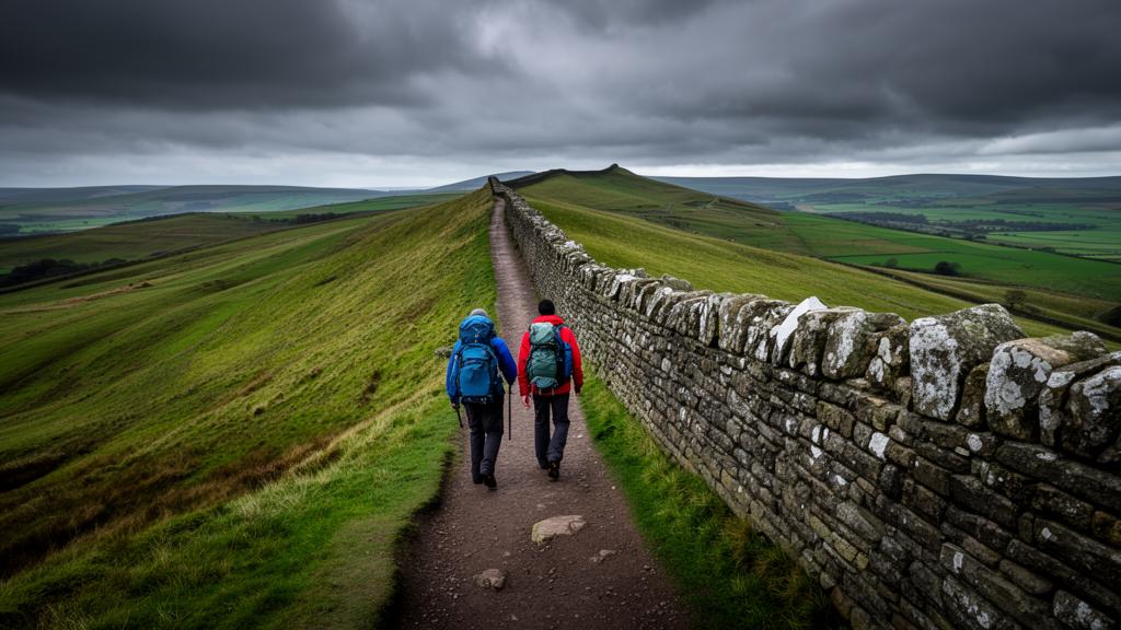 Hikers walking along Hadrian's Wall Path across the Northumberland hills