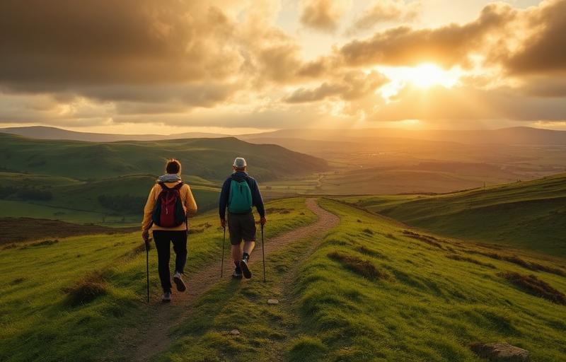 Hikers walking along St Cuthbert's Way in the Scottish Borders at golden hour
