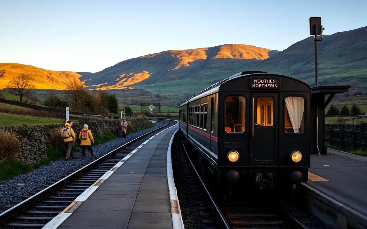 A Northern train arriving at a rural Cumbrian station with green fells in the background