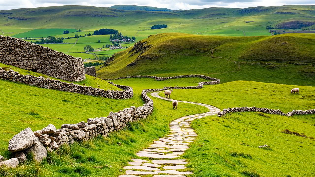 Stone path winding through Yorkshire Dales countryside with limestone walls and sheep grazing