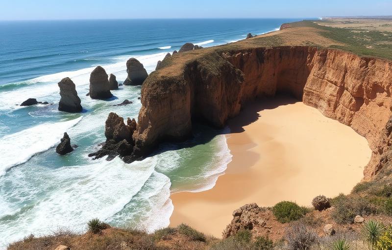 Remote sandy beach enclosed by dramatic cliffs on the Portuguese Atlantic coast