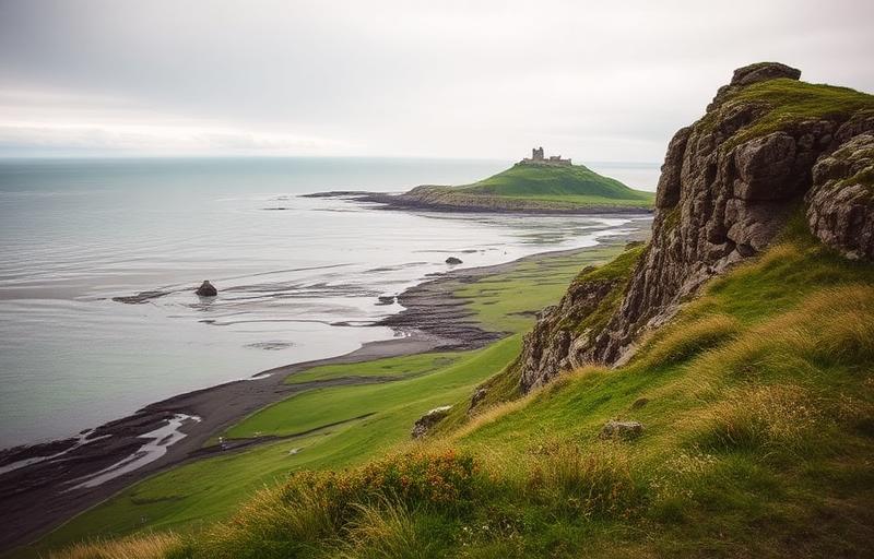 View of Lindisfarne Holy Island from the Northumberland coastline along St Cuthbert's Way