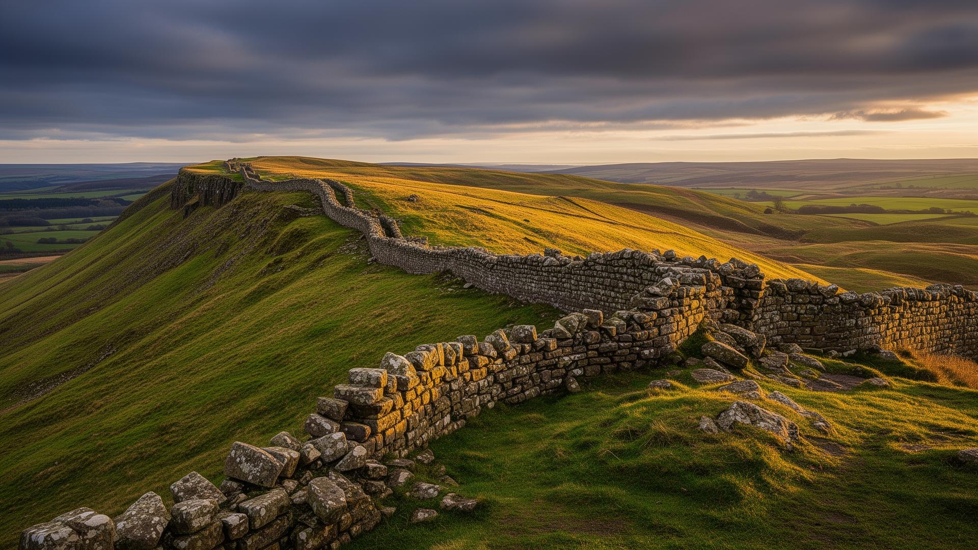 Dramatic view of Hadrian's Wall ruins along the Whin Sill ridge at golden hour