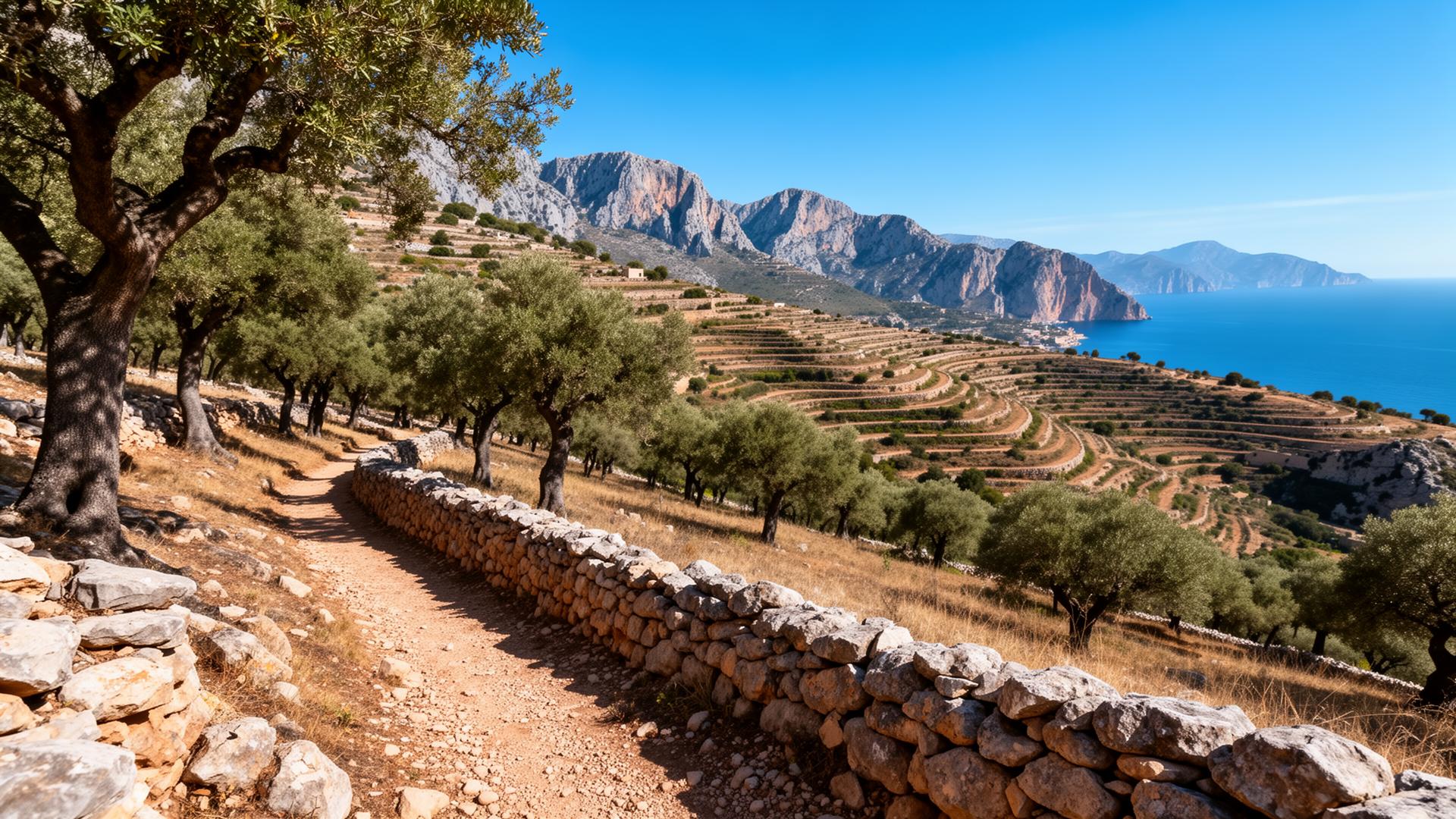 Cobbled dry stone mule track climbing through the Serra de Tramuntana on the GR221