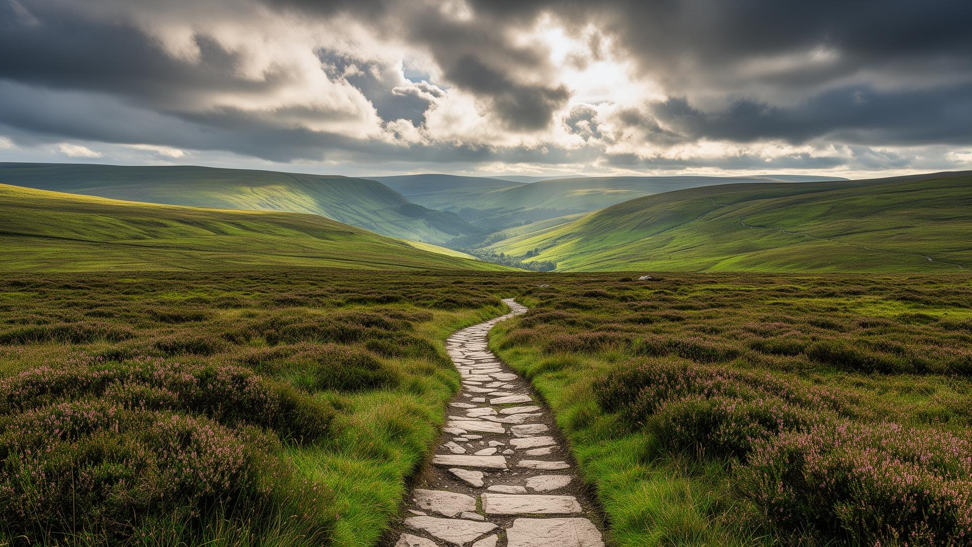 Scenic view of the Pennine Way across the moorlands of Northern England