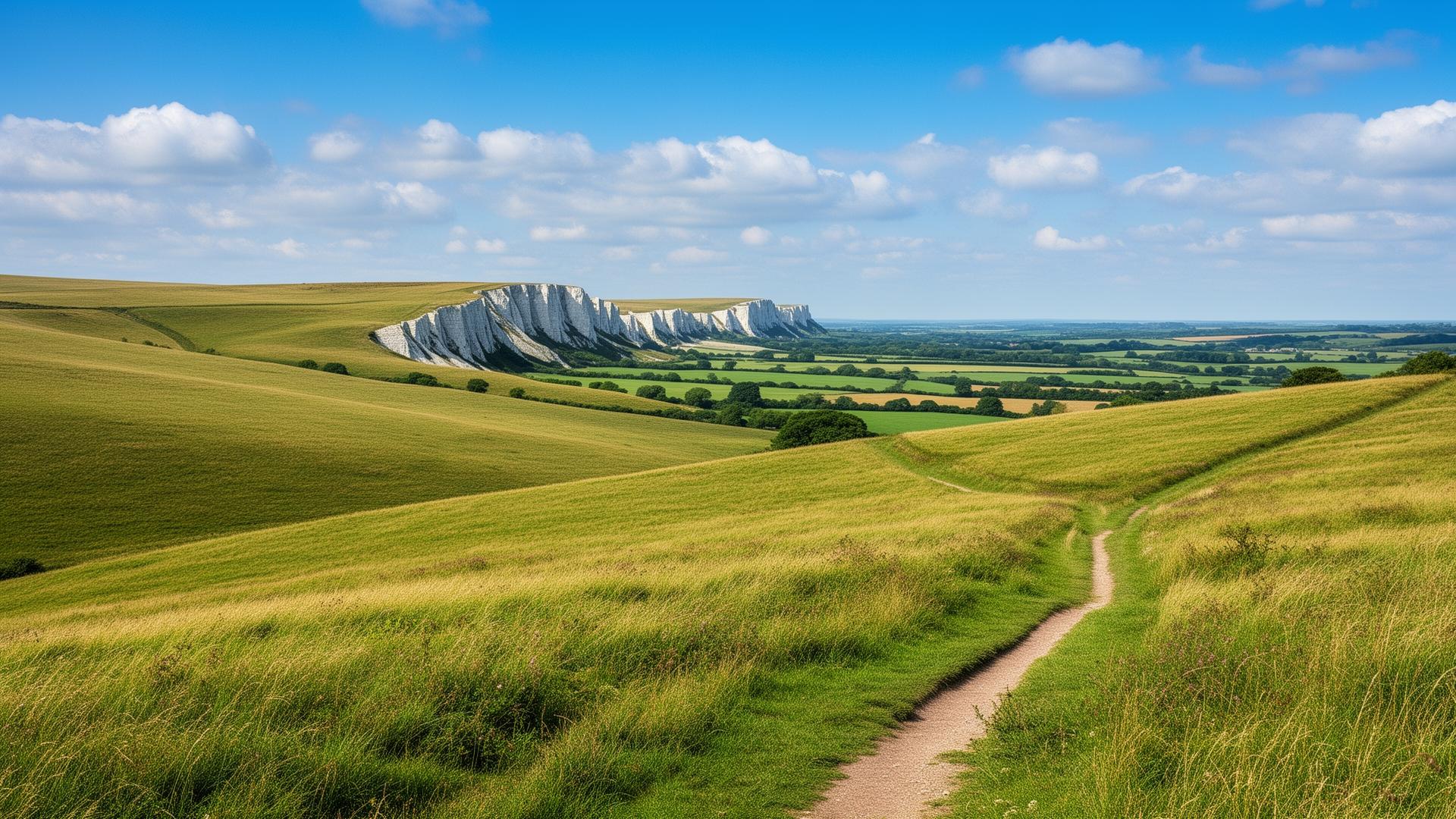 Scenic view of the South Downs Way rolling chalk hills and countryside