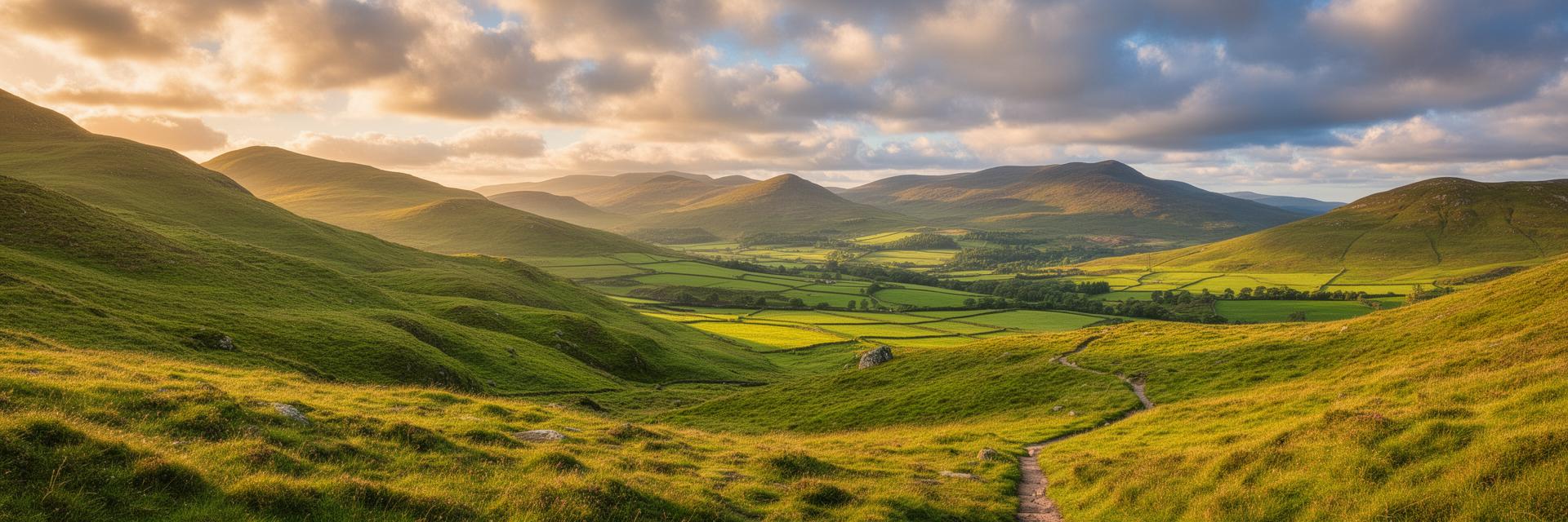Rolling hills and hiking trail at golden hour