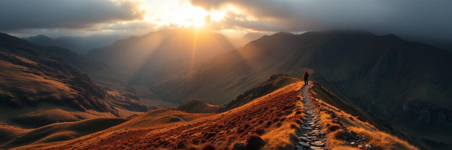 Hiker on a mountain ridge trail at golden hour
