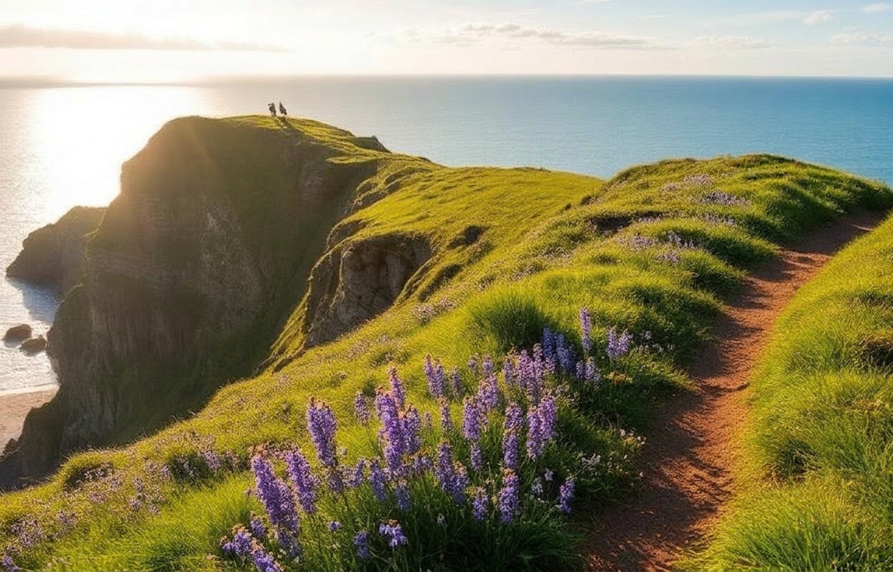 Pembrokeshire coast path in spring with wildflowers and puffins