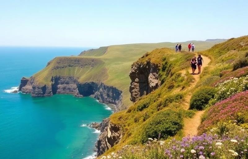 Hikers on the Pembrokeshire Coast Path clifftop trail with sea views