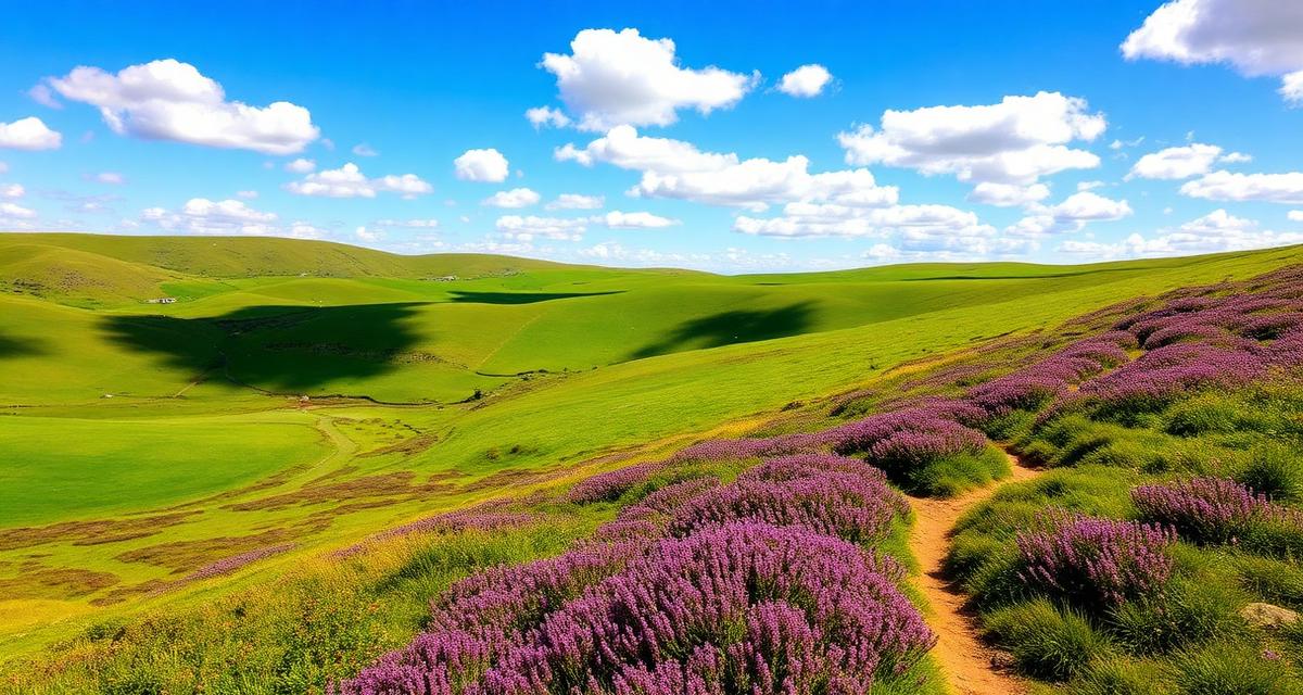 Pennine Way trail through heather-covered moorland on a sunny summer day