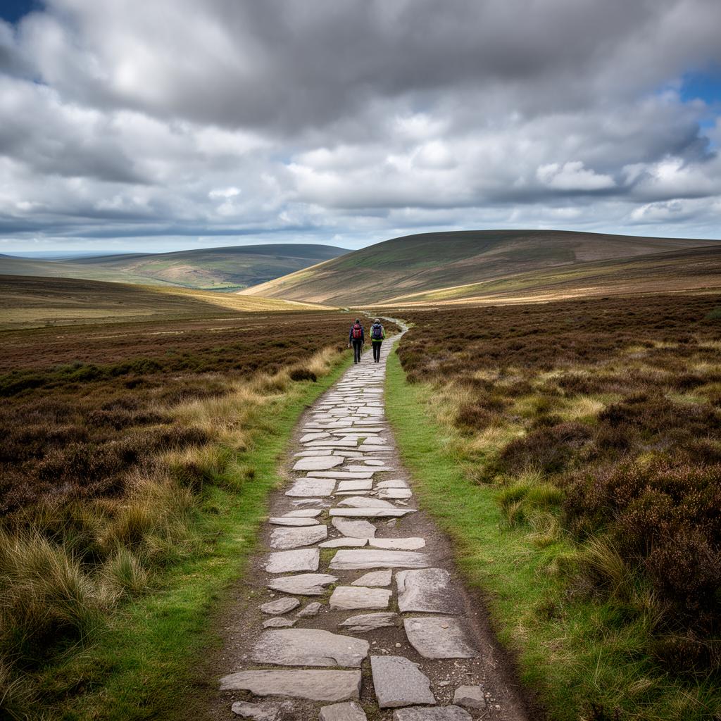 Two walkers on a flagstone path across Pennine Way moorland