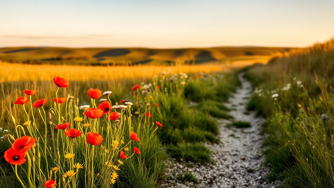 Spring wildflowers along The Ridgeway chalk path with golden afternoon light