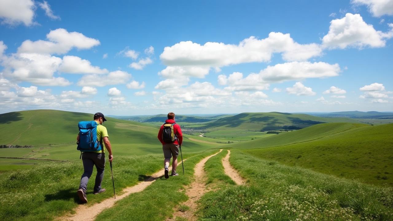 Hikers walking along The Ridgeway chalk downland path with rolling green hills