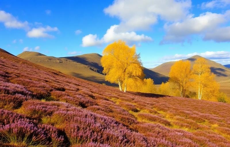 Scottish Highlands in autumn with purple heather and golden birch trees