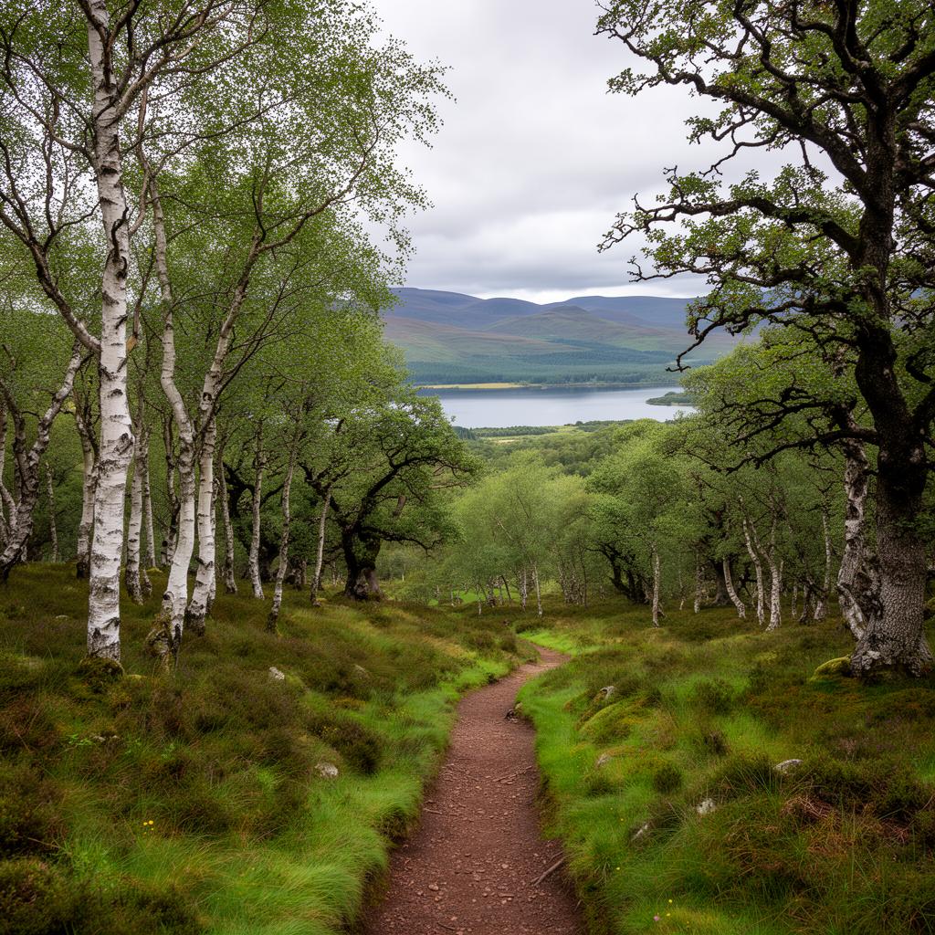 Panoramic view of a Highland loch from the Rob Roy Way trail