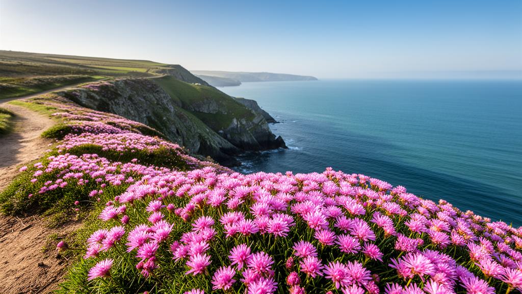 Spring wildflowers blooming on the South West Coast Path clifftops with calm blue sea